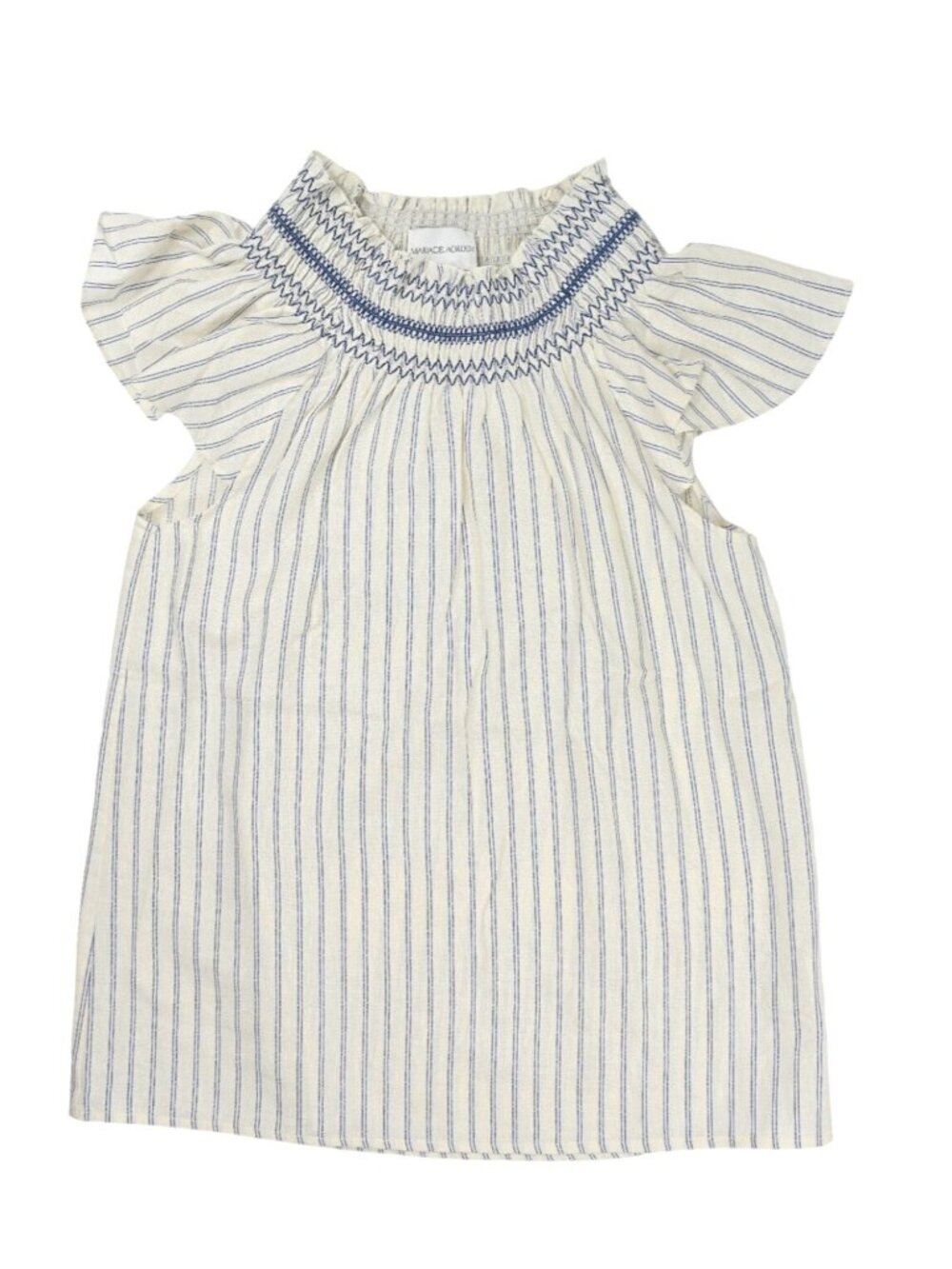 Maria de la Orden Linen Blend High Neck Short Sleeve Top in White Blue